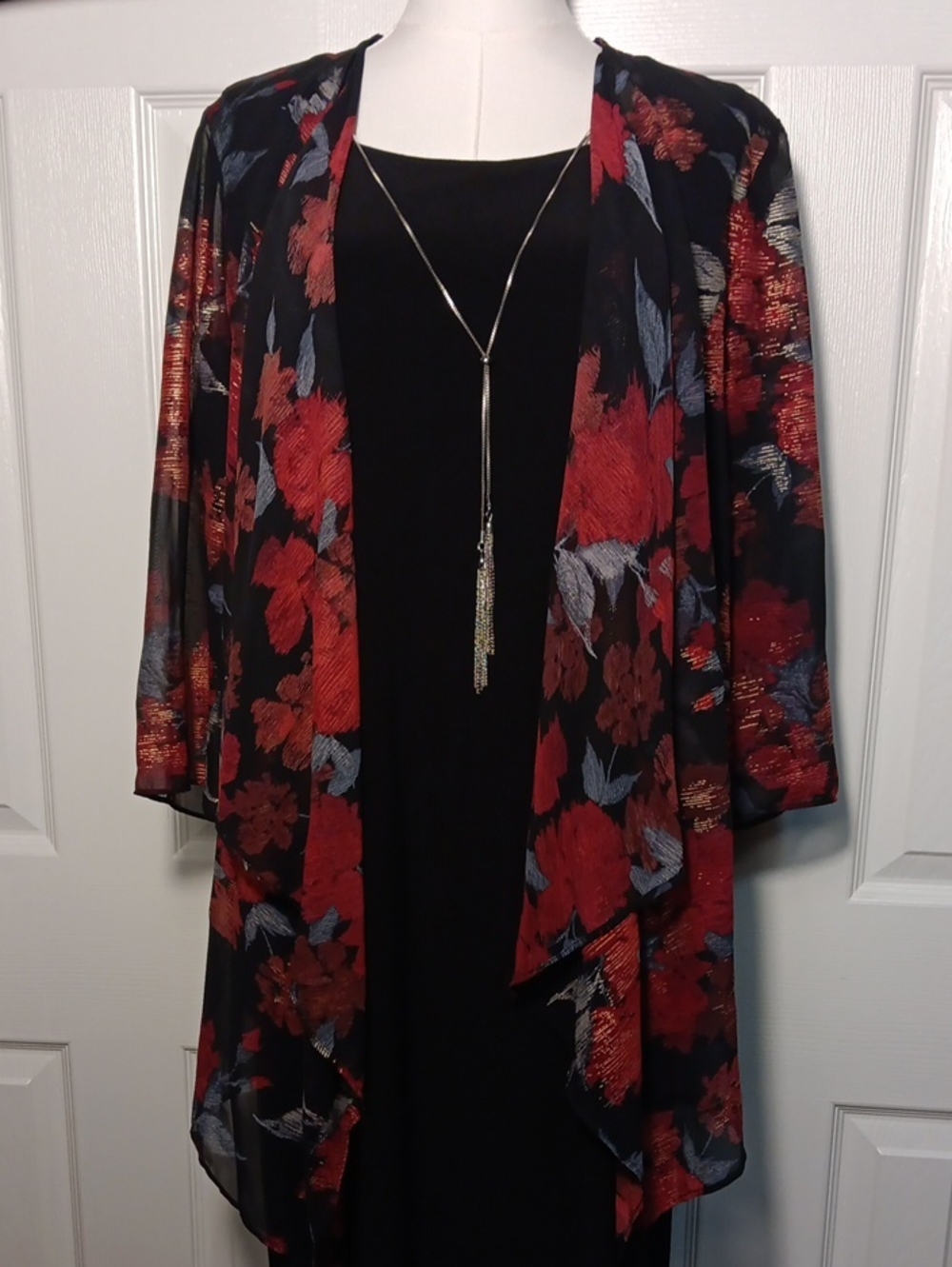R&K Black Shift Dress with Red Floral Sheer Overlay and Blue Accents - Picture 1 of 12
